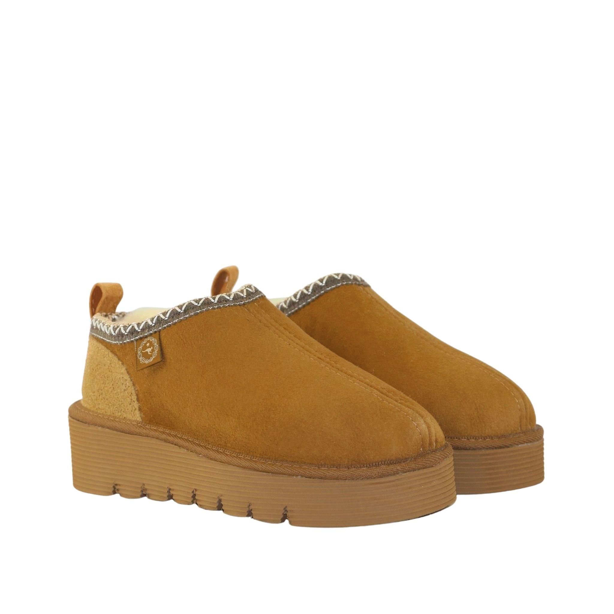 Sheepskins Downunder Platform Tasman Tazz Chestnut Chocolate Pairs Front Womens Australian Made Sheepskin UGG Slipper