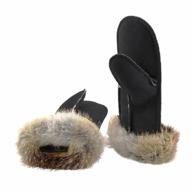 A pair of black mittens with a fox cuff