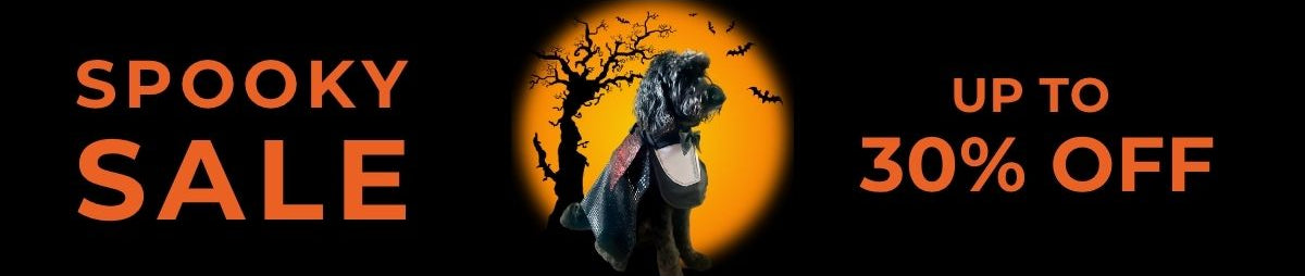 Spooky Sale up to 30% off with dog in dracula costume in front of moon