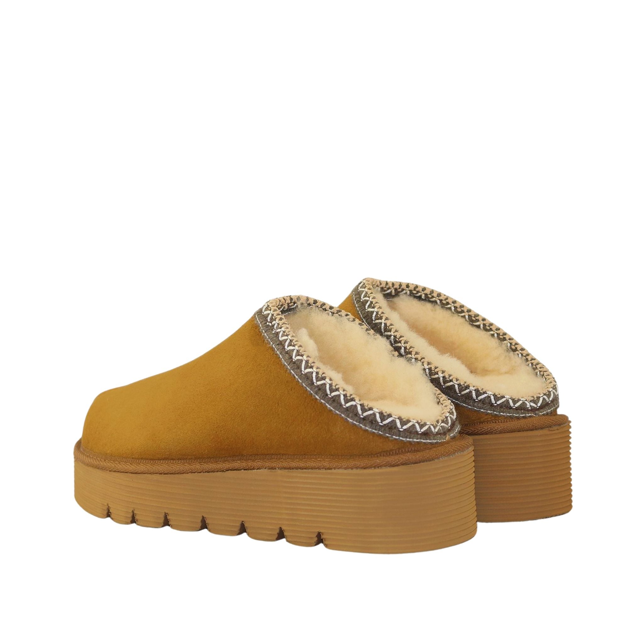 Sheepskins Downunder Platform Bobi Tazz Chestnut Chocolate Pairs Back Womens Australian Made Sheepskin UGG Slipper