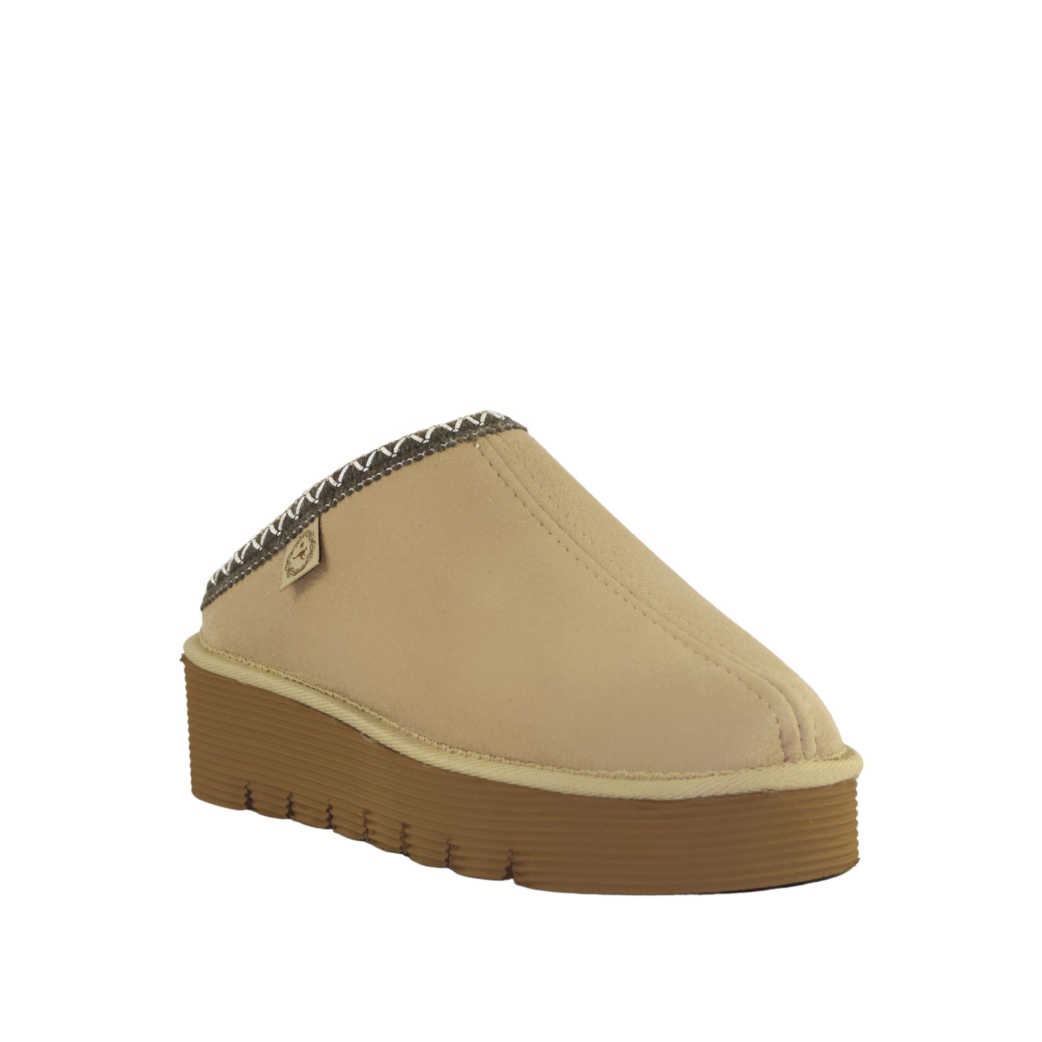 Sheepskins Downunder Platform Bobi Tazz Sand Chocolate Front 120 Womens Australian Made Sheepskin UGG Slipper