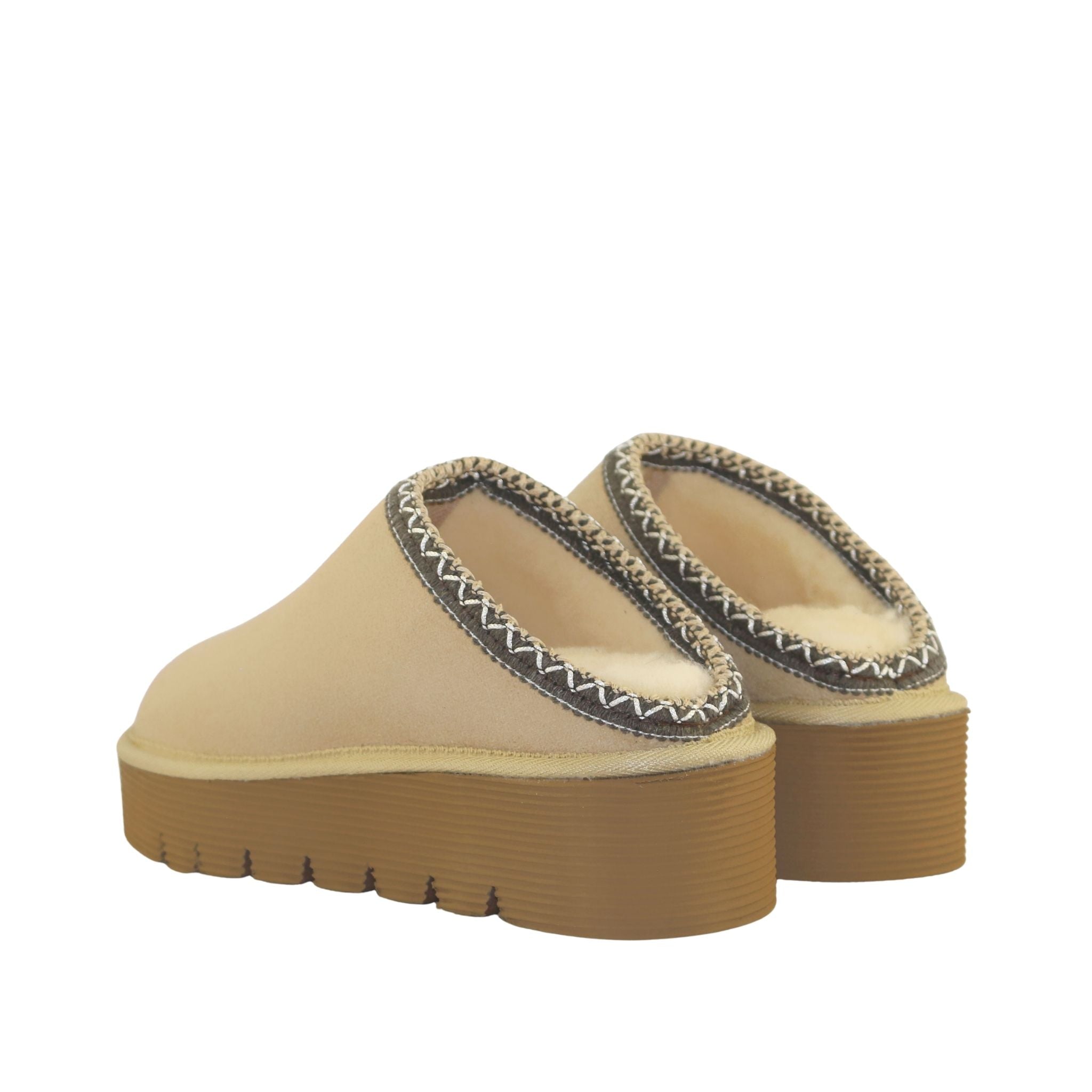 Sheepskins Downunder Platform Bobi Tazz Sand Chocolate Pairs Back Womens Australian Made Sheepskin UGG Slipper
