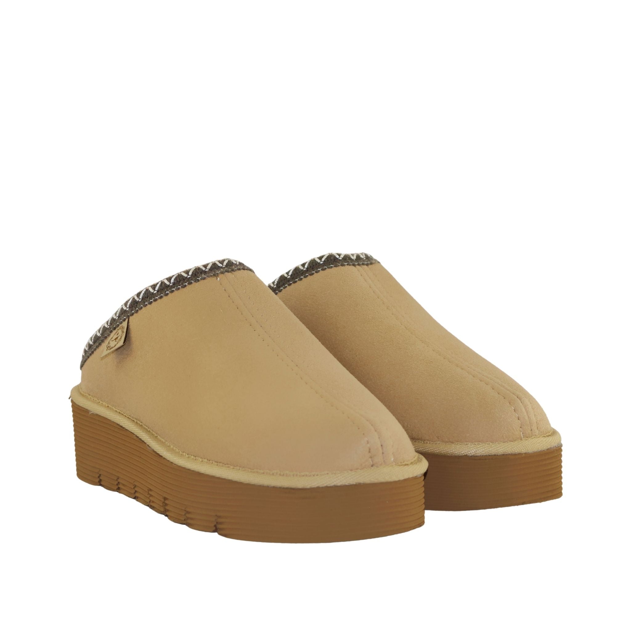 Sheepskins Downunder Platform Bobi Tazz Sand Chocolate Pairs Front Womens Australian Made Sheepskin UGG Slipper