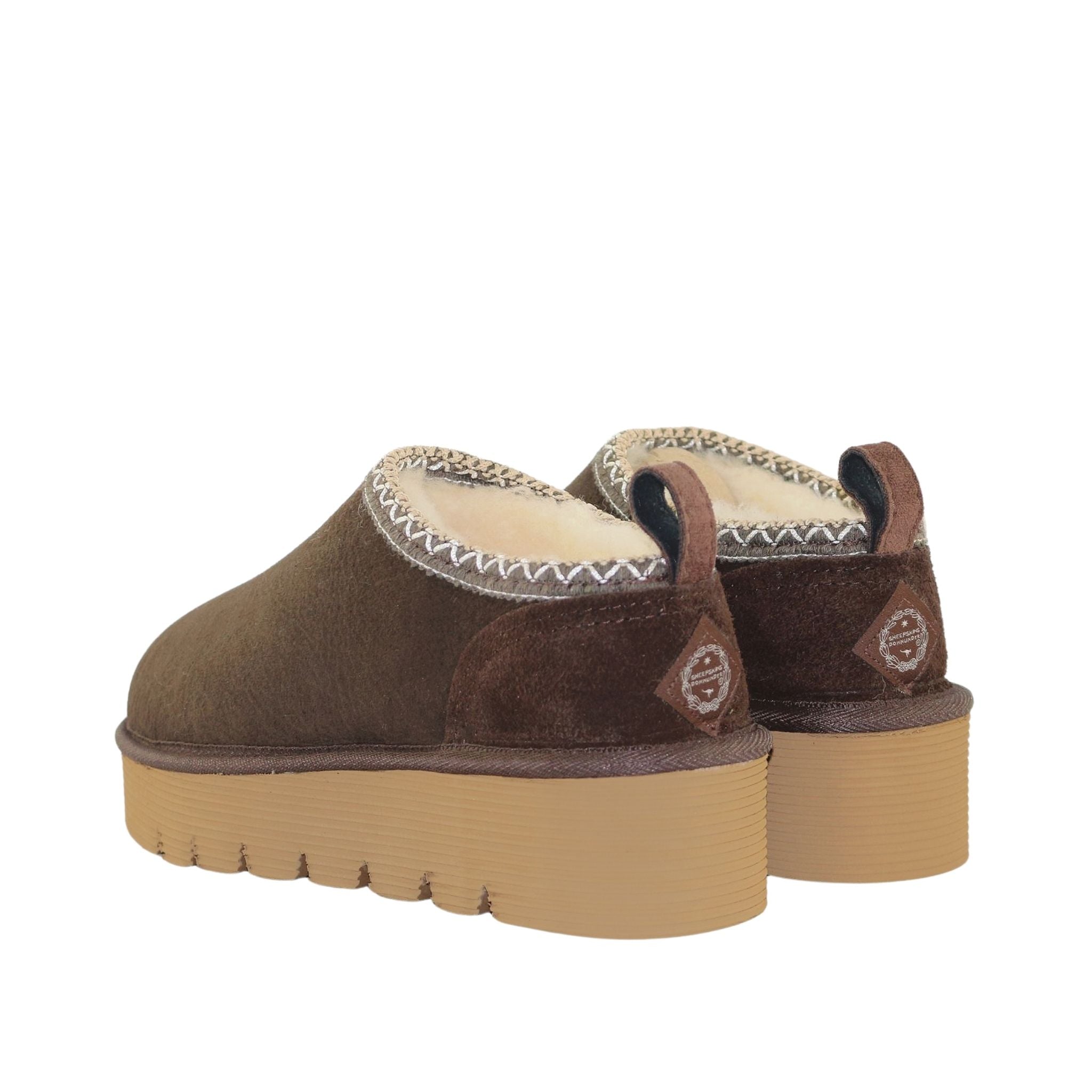 Sheepskins Downunder Platform Tasman Tazz Chocolate Chocolate Pairs Back Womens Australian Made Sheepskin UGG Slipper