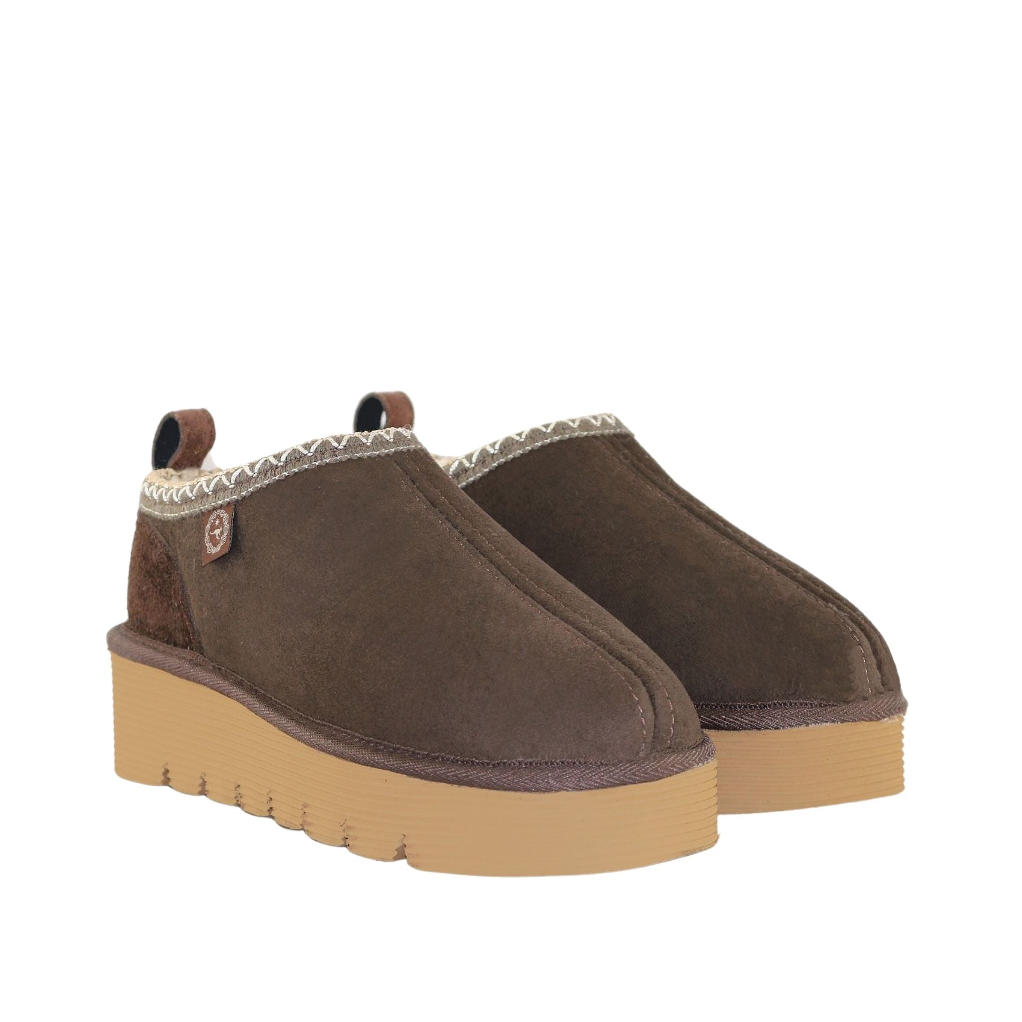 Sheepskins Downunder Platform Tasman Tazz Chocolate Chocolate Pairs Front Womens Australian Made Sheepskin UGG Slipper