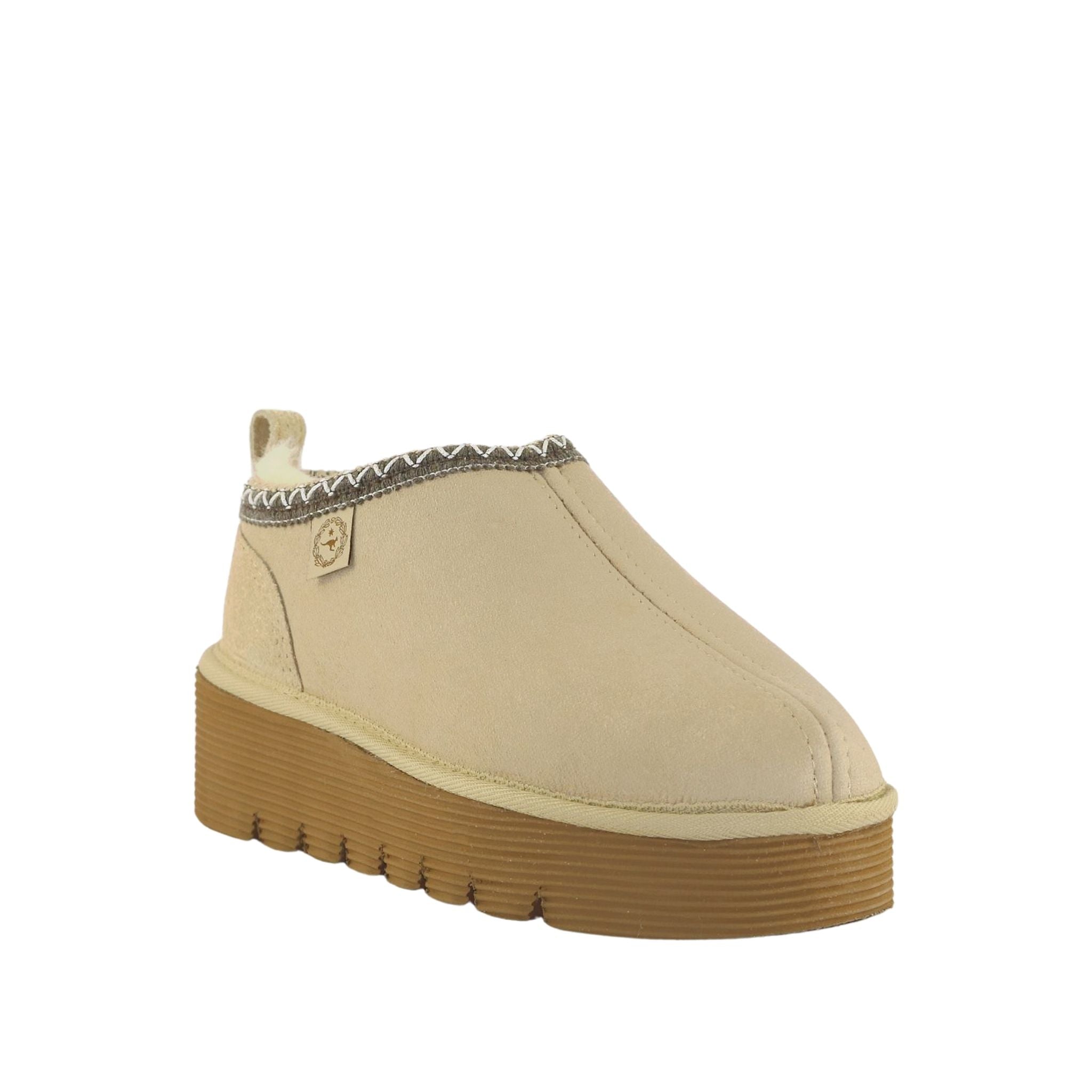 Sheepskins Downunder Platform Tasman Tazz Sand Chocolate Front 120 Womens Australian Made Sheepskin UGG Slipper