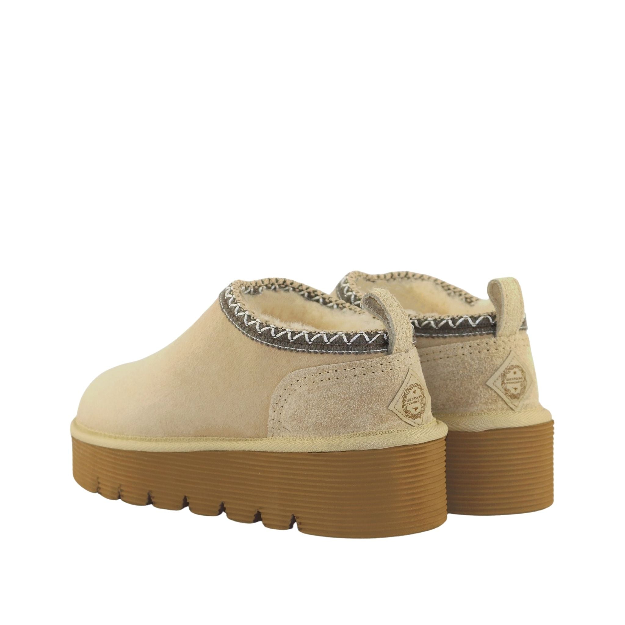 Sheepskins Downunder Platform Tasman Tazz Sand Chocolate Pairs Back Womens Australian Made Sheepskin UGG Slipper