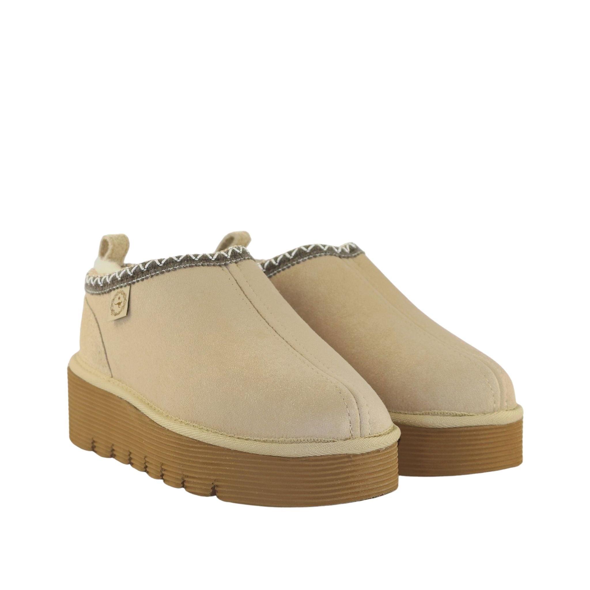 Sheepskins Downunder Platform Tasman Tazz Sand Chocolate Pairs Front Womens Australian Made Sheepskin UGG Slipper