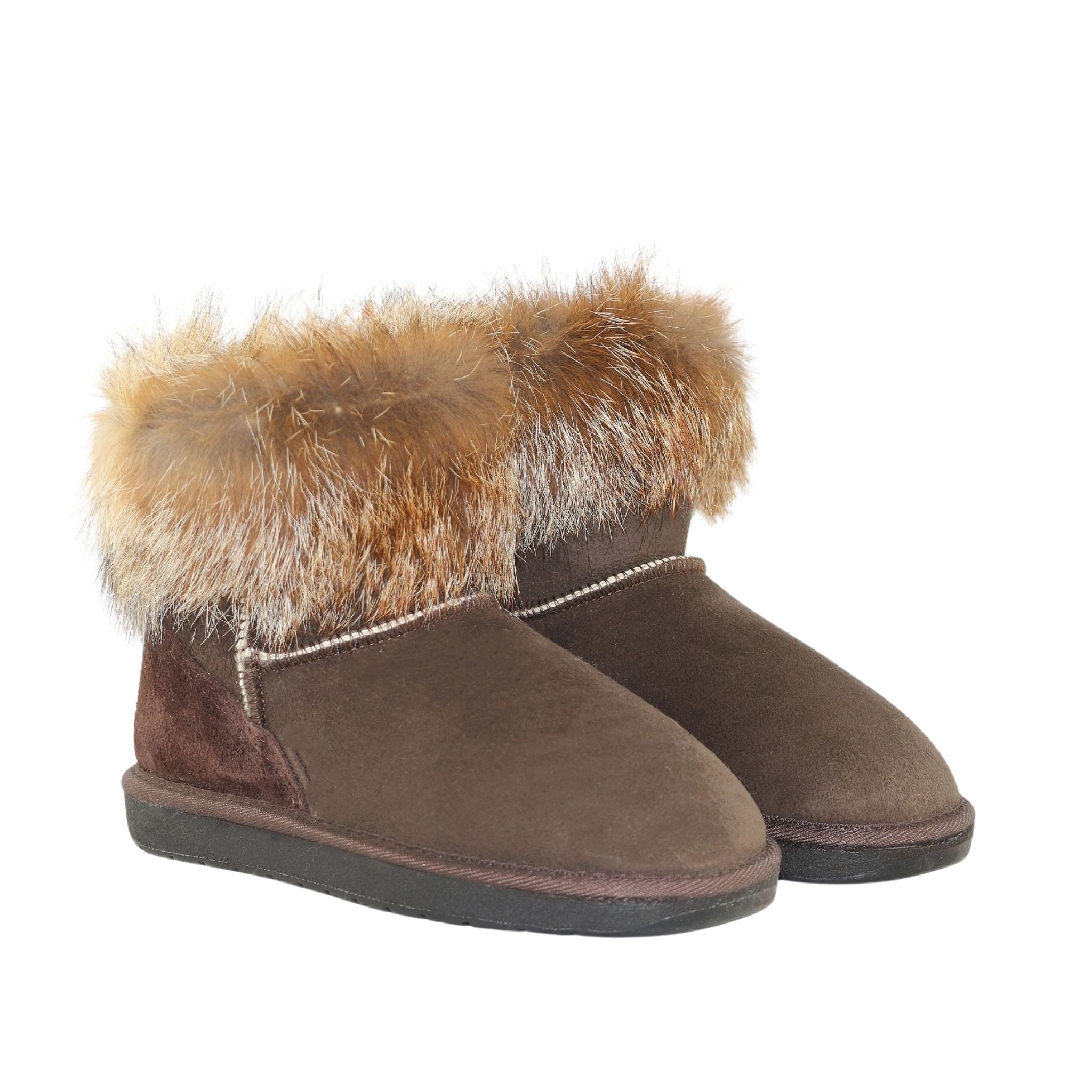 Sheepskins Downunder Premium Fox Mini Chocolate Pairs Front Womens Australian Made Sheepskin UGG Boot